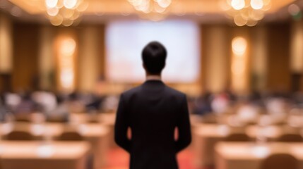 Professional keynote speaker engaging audience at conference presentation modern venue dynamic visual content