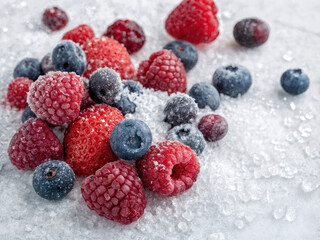 berries in the snow: raspberries and blueberries