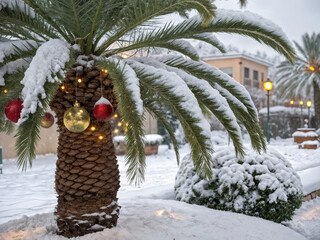 palm tree in the snow with Christmas tree decorations