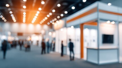 Visitors engaging at business exhibition conference center softly focused view dynamic scene movement and interaction