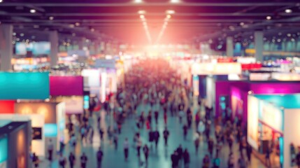 Trade show expo experience convention center exhibition booths blurred crowd business environment engaging concept
