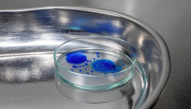 Conceptual audiology shot of a Completely-in-Canal (CIC) hearing aid next to a petri dish with bacterial growth.