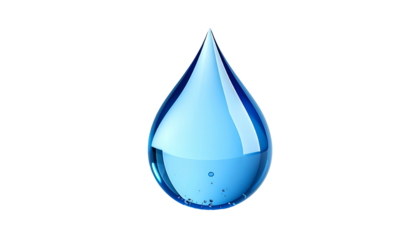 A 3D render of a water droplet isolated on a black background, with gradients and internal bubbles, showcasing a reflective surface