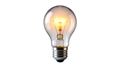 A 3D render of an incandescent light bulb glows against a black backdrop, showcasing inner filament and metallic base