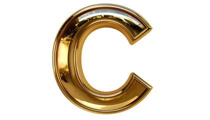 A 3D render of the letter "C" rendered in a polished gold material, floating against a solid black background