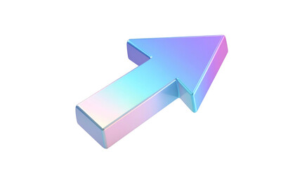 A 3D rendered arrow pointing upwards to the right. It has a holographic metallic finish, floating on a black background