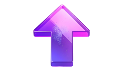 A 3D rendered arrow pointing upwards, crafted from transparent glass, with a gradient blend of pink and purple hues