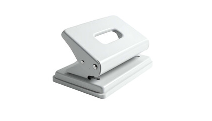 A 3D rendered, clean white office tool used for creating holes in sheets of paper with lever and base