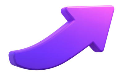 A 3D rendered, curved upward arrow in a gradient of purples and pinks, on a stark black background. It appears shiny
