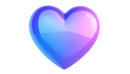 A 3D rendered, glossy heart shape, featuring a vibrant gradient from blue to pink, with highlights, set against a black backdrop