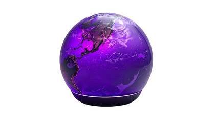 A 3D rendered globe, illuminated in vibrant purple, showcasing continents and oceans, resting on a reflective, dark base