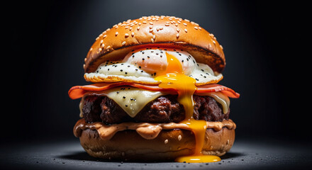 A dramatic dark background with soft shadows, spotlight lighting on a gourmet burger stacked with beef patty