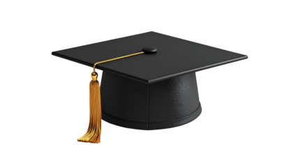 A 3D rendered image of a black mortarboard with a golden tassel, set against a completely black background