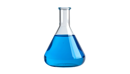 A 3D rendered, isolated, transparent glass flask containing vibrant, cerulean liquid, set against a stark, black backdrop
