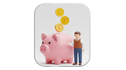 Man and Piggy Bank with Falling Coins