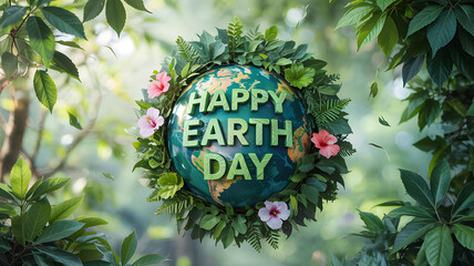 Happy Earth Day celebration with lush greenery and vibrant flowers