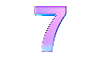 A 3D rendered, luminous number seven on a black background, with a gradient of blue, purple, and pink