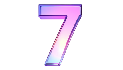 A 3D rendered number seven, shimmering with a gradient of pink, purple, and blue. Its glass-like appearance reflects light against a dark backdrop