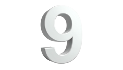 A 3D rendered, pristine white numeral "9" floats against a deep black background. The number appears glossy with subtle shading