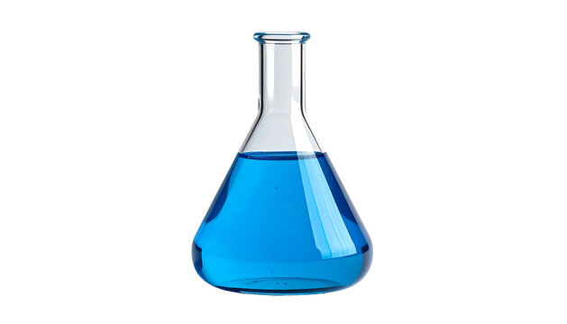 A 3D rendered, isolated, transparent glass flask containing vibrant, cerulean liquid, set against a stark, black backdrop