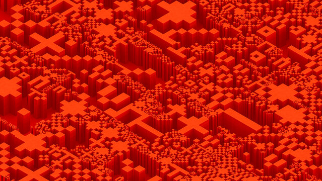 Red isometric 3D cross and cube pattern geometric background.