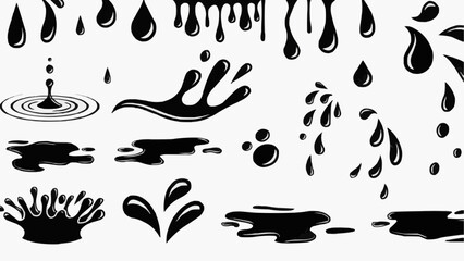 Transparent PNG available
Puddles drops splashing water. Dripping liquid elements, isolated black ink flow. Tears flowing vector silhouettes, oil or rain drips