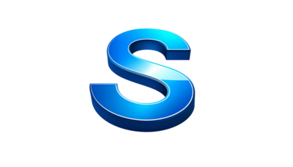 A 3D rendered uppercase letter "S" is a bright, glossy blue, isolated against a black background, with subtle shading