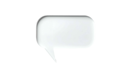 A 3D rendered, white speech bubble with a rounded rectangle shape and a small tail, on a black background