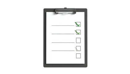 A black clipboard holds a white page with a checklist. Two items are checked, others unchecked, with a metal clip