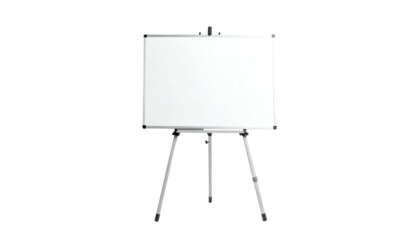 A blank, white rectangular whiteboard stands upright on a tripod, ready for writing or display, against a black background
