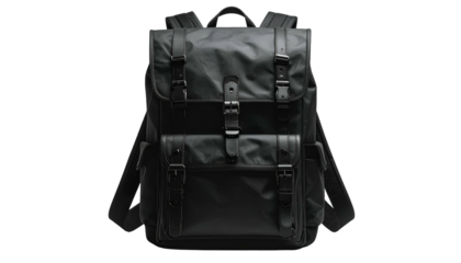 A black, structured backpack, captured with high contrast. It has adjustable straps, multiple compartments, and classic buckle closures