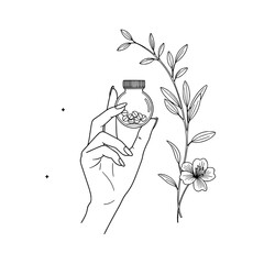 An icon of a beautiful woman's hand holding a bottle of medicinal pills with a flowering branch, symbolizing the concepts of health
