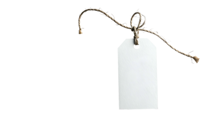 A blank white price tag suspended by rough twine against a stark black backdrop. The tag is rectangular with a rounded top and hole