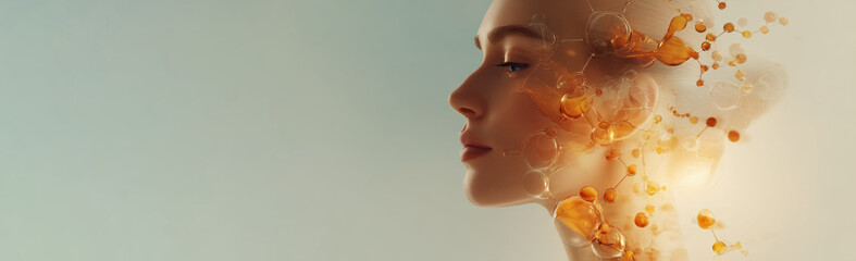 Profile of young woman on blue background with copy space. There are golden abstract molecular structures on face, resembling chemical formulas of oil, serum drops. Banner, advertising style