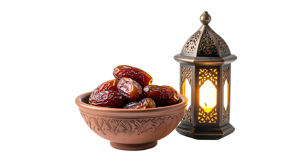 A bowl of dates next to a decorative lantern on a black background, representing a religious holiday