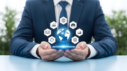 Businessman presenting a global network on a tablet