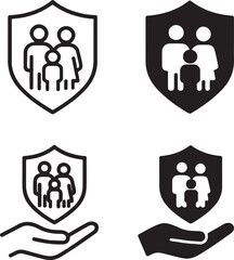 Isolated family care protection icon, family safety care shield concept, family protection security silhouette, minimal insurance healthcare illustration, family care branding vector ICON