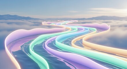 Pastel rainbow tones are captured in a liquid energy mesh with a daylight glow. Ethereal abstract concept