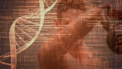 Animation of dna strand spinning over data processing and exercising strongman - Powered by Adobe