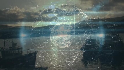 Animation of globe of connections over landscape - Powered by Adobe