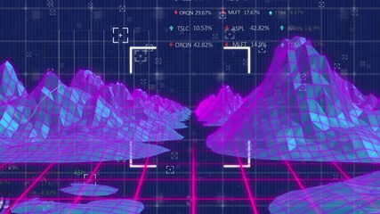 Animation of data processing and mountains on blue background - Powered by Adobe