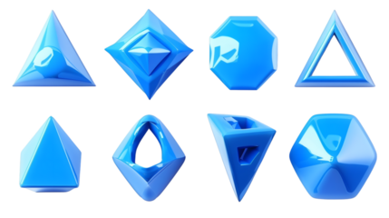 Set of abstract triangle square blue freeform shape form 3D render icon isolated on white background