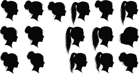 Female profile silhouettes set, women head side views, hairstyle variations collection, beauty fashion concept, black vector illustration, design, icons, artwork © MstAfzalun