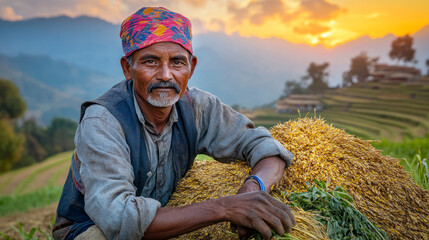 Elder indigenous farmer with harvest on mountain terraces