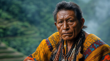 Elderly indigenous woman portrait in rural mountain landscape