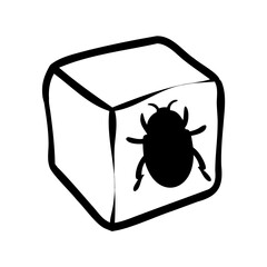 Cube displaying an insect as a warning, a virus or a bug
