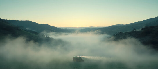 Tractor spraying crops in foggy valley at sunrise