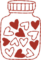 Hearts in Jar Hand Drawn Line Art Vector Illustration