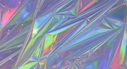 Holographic iridescent foil is crumpled into deep diagonal neon folds. Futuristic playful concept