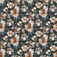 Seamless Vintage Floral Pattern with Beige and Brown Flowers on Dark Green Background